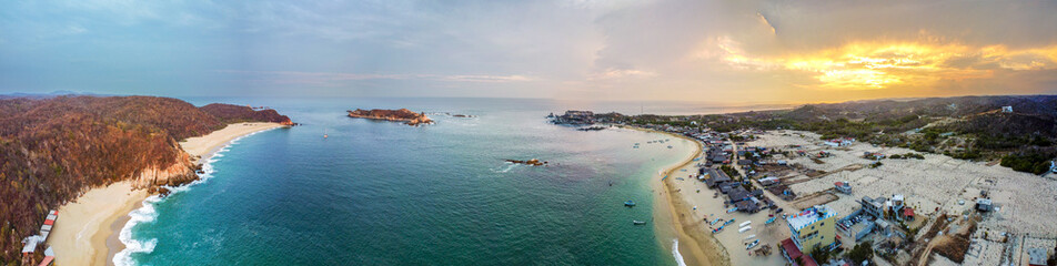 4k panoramic drone landscape of the san agustin beach in oaxaca mexico huatulco national park...