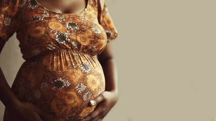 A pregnant African American woman in a sundress strokes her belly. Place for text. Copy space. Waiting for the birth of a child. ai generation