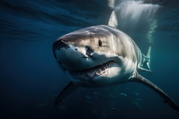 Naklejka premium A fierce and intimidating Great White Shark swimming through the ocean. Generative AI