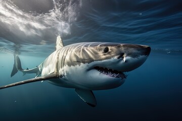 Fototapeta premium A fierce and intimidating Great White Shark swimming through the ocean. Generative AI