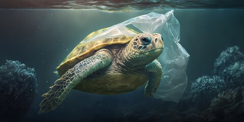 Fototapeta premium Sea turtle swimming with plastic bag. Underwater animals harm made by garbage in water. Ecological catastrophe. Plastic pollution in ocean. Generative AI
