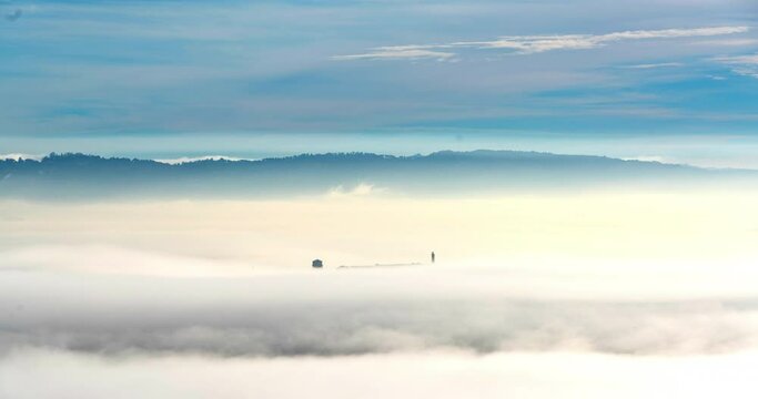 Timelapse Lockdown Of Thick Fog Engulfing Alcatraz Island And Bay - San Francisco, California
