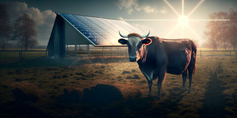 solar panels on cattle farm, renewable energy. generative ai
