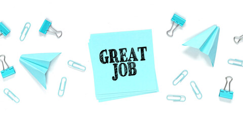 Great job sticker with marketing plan inscription over white background. Business and finance concept.