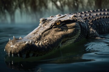 Obraz premium A fierce and intimidating Saltwater Crocodile lurking in the water, showing off its fierce and intimidating nature. Generative AI