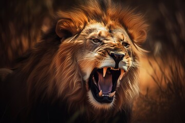 A fierce and powerful African Lion roaring in the savannah - This African Lion is roaring in the savannah, showing off its fierce and powerful nature. Generative AI