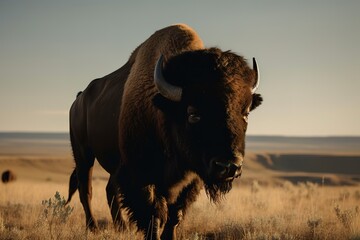 A fierce and powerful American Bison grazing on the plains - This American Bison is grazing on the plains, showing off its fierce and powerful nature. Generative AI