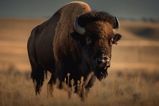A fierce and powerful American Bison grazing on the plains - This American Bison is grazing on the plains, showing off its fierce and powerful nature. Generative AI