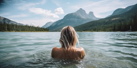 woman bathes in clear lake, concept of Nature and Serenity, created with Generative AI technology
