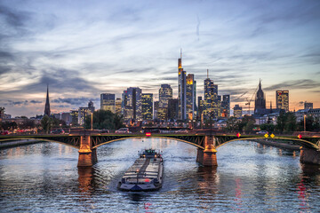 Frankfurt am Main photographed from a viewing platform at sunset with skyline and river