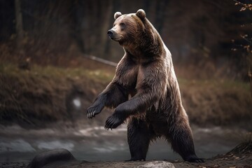 A powerful and imposing Grizzly Bear standing on its hind legs, showing off its powerful and imposing nature. Generative AI