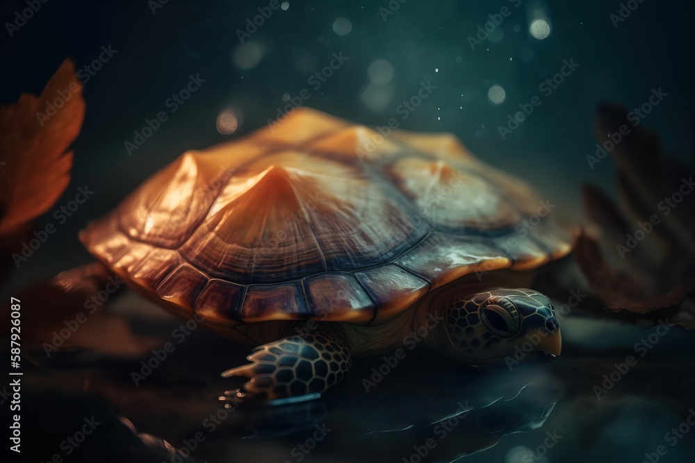 Poster a close up of a turtle on a surface with leaves and water in the background and a blurry background 