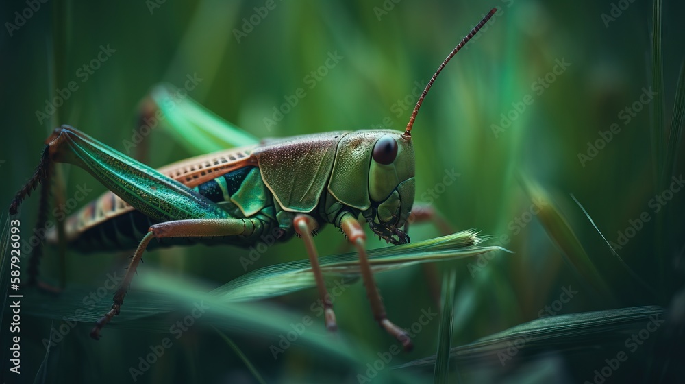 Poster a close up of a grasshopper on a leafy plant with green background and a blurry image of grasshopper