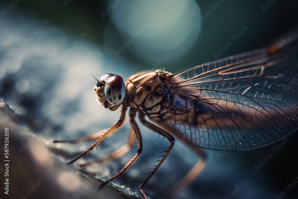 Poster a close up of a dragon fly on a branch with a blurry background of water and a blurry sky in the bac