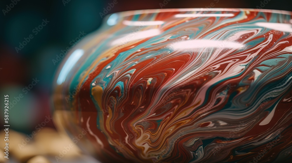 Poster a close up of a vase on a table with a blurry image of the surface of the vase and the vase is red, 