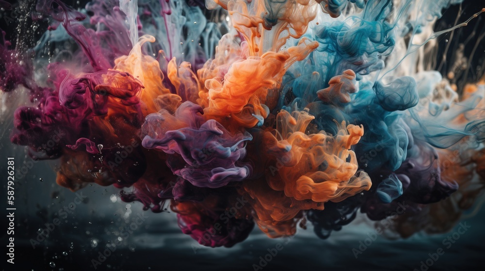Poster a group of colored inks floating in the water with water droplets on the bottom of the image and the