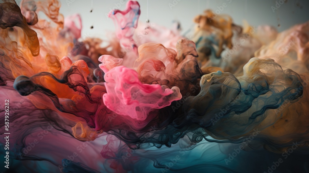 Poster a mixture of colored inks floating in the air with a white background in the middle of the image is 