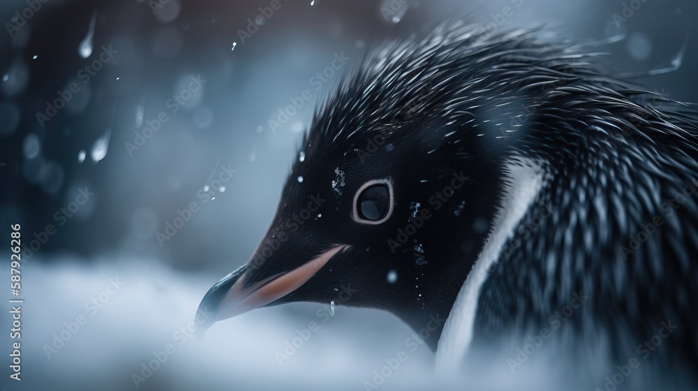 Poster a penguin is standing in the snow with it's beak open and it's eyes open and it's nose slightly clos