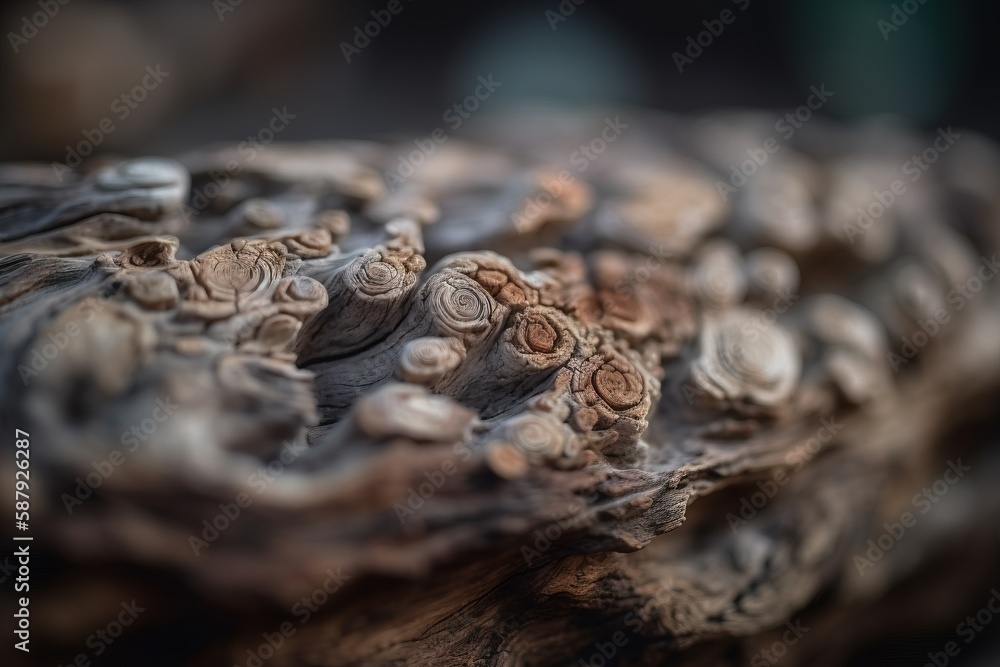 Poster a close up of a tree trunk with many small holes in the wood and a blurry background of the tree tru