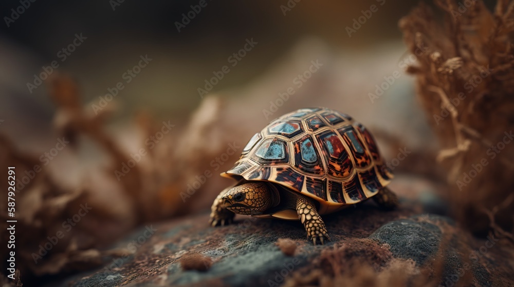 Aufkleber a small turtle sitting on top of a rock next to a tree trunk and grass in the foreground with a blur