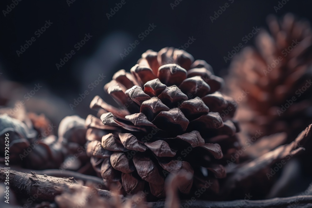 Poster a close up of a pine cone on a branch of a tree with other pine cones in the foreground and a dark b