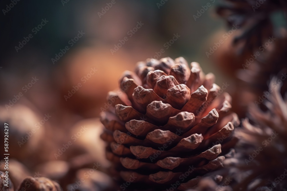 Poster a close up of a pine cone on a pine tree branch with other pine cones in the background and a blurry