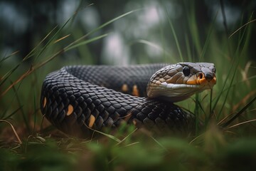 A fierce and powerful King Cobra slithering through the grass, showing off its fierce and powerful nature. Generative AI