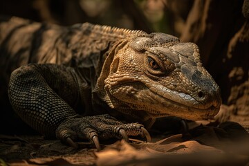 Obraz premium A fierce and powerful Komodo Dragon basking in the sun - This Komodo Dragon is basking in the sun, showing off its fierce and powerful nature. Generative AI