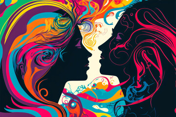 Silhouette of young couple kissing and looking at each other, background of bright and swirling colors. Intensity and passion of a young love transmitted by the vibrant colors. Generative AI