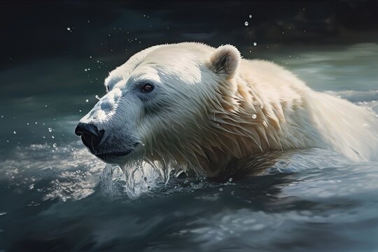 A fierce and powerful Polar Bear swimming in the icy waters, showing off its fierce and powerful nature. Generative AI