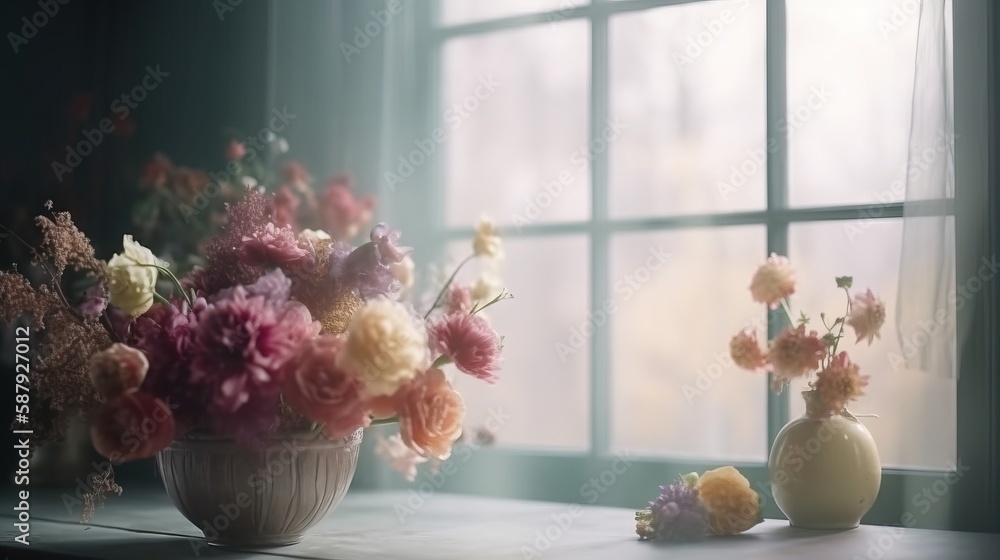 Poster a vase of flowers sitting on a table next to a vase of flowers on a window sill with a window behind