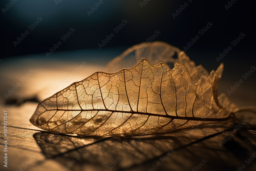 Poster a leaf that is sitting on a table with a light shining on it's back side of the leaf and the shadow 