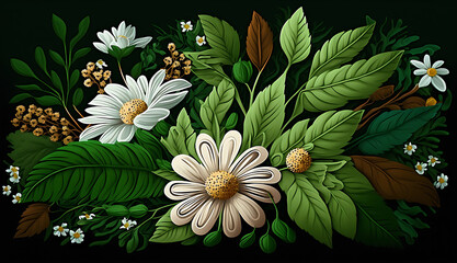 Leaves and Flowers, a combination of leaves and flowers, such as daisies and wildflowers using generative art