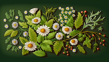 Leaves and Flowers, a combination of leaves and flowers, such as daisies and wildflowers using generative art