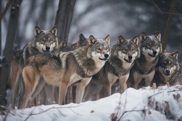 A fierce and predatory wolf pack in the winter snow Generative AI