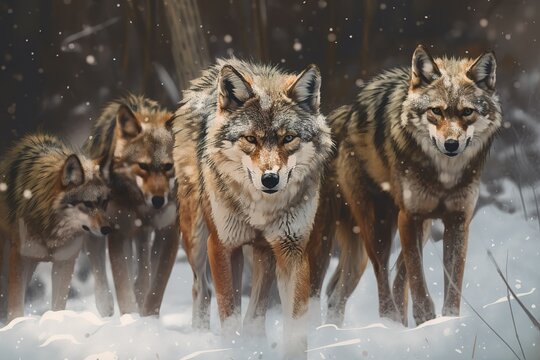 A fierce and predatory wolf pack in the winter snow Generative AI