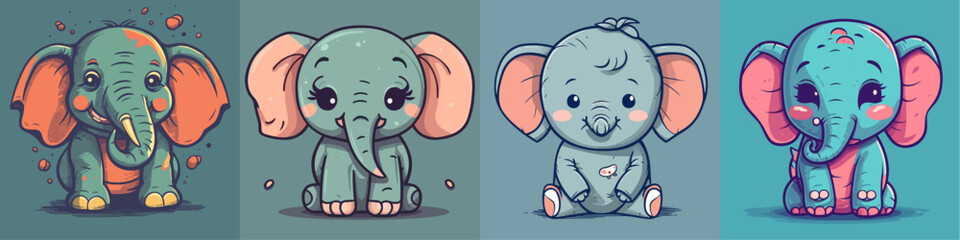 Flat color vector of happy elephant set collection