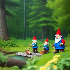 Obraz premium woodcutter gnomes in the woods - great for website, email, screensaver, presentation, advertisement, image, poster, placard, postcard, card, t-shirt, generative AI