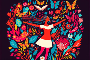 Person stands in flower field surrounded by butterflies and birds; bright colors emphasize joy and depict unity with nature. Generative AI