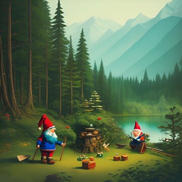 woodcutter gnomes in the woods - great for website, email, screensaver, presentation, advertisement, image, poster, placard, postcard, book, card, t-shirt, generative AI
