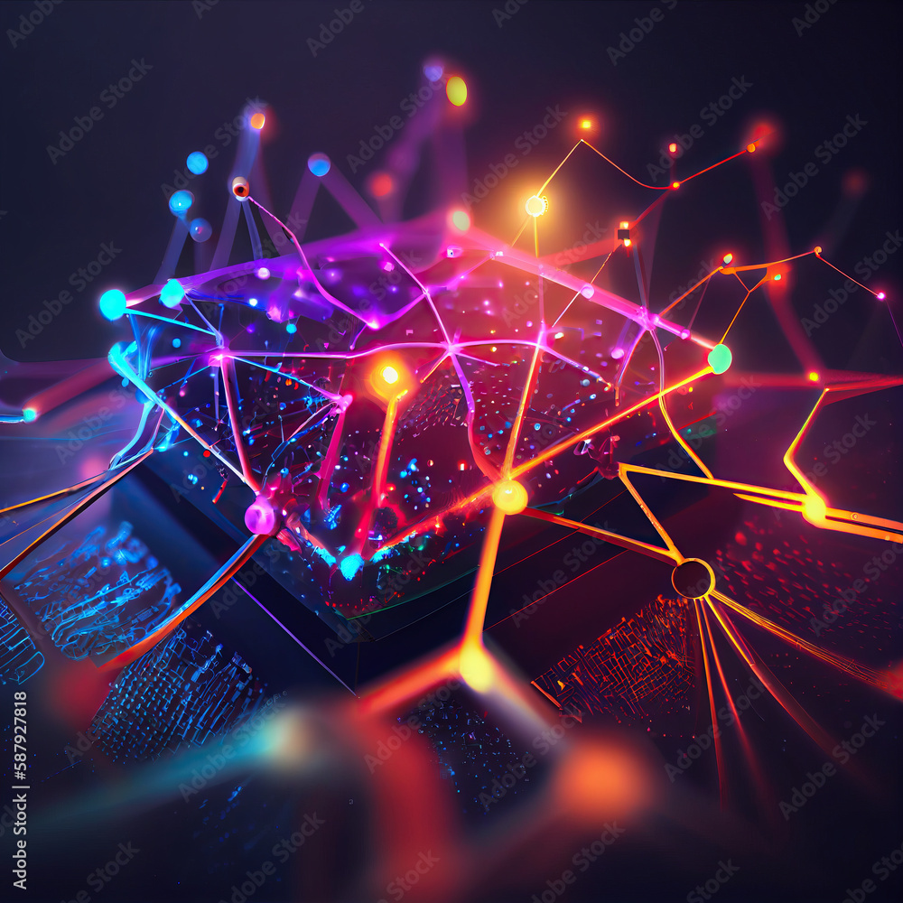 Poster colorful illustration of a neural network highlighting the connection between big data, ai, and cybe