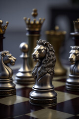 The Royal Lion King chess pieces on a chess board, winner of bussiness and successfully, management or leadership strategy and teamwork concept. Generative Ai