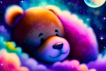 Obraz na płótnie Canvas Graphic representation of Teddy Bear Sleeping in a Colorful Galaxy Nebula. Generative AI. 