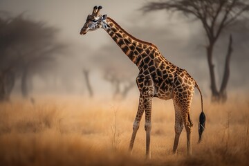 A graceful and elegant Giraffe stretching its long neck, showing off its graceful and elegant nature. Generative AI