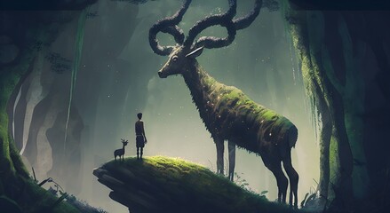 young hiker found giant deer statue covered with moss and lichen while traveling in the forest, digital art style, illustration painting, Generative AI