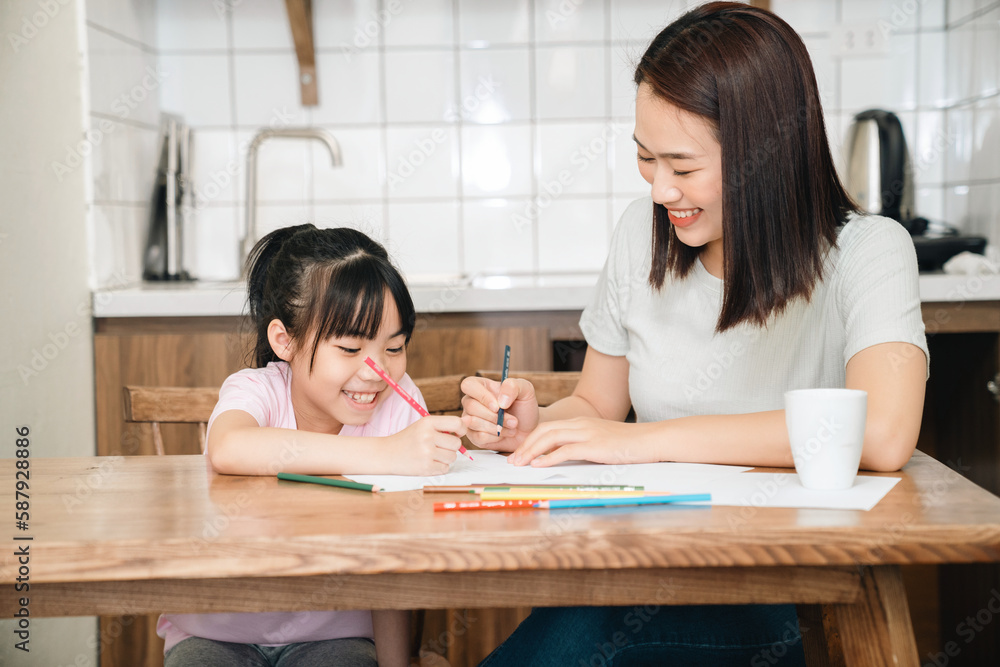 Wall mural Image of young Asian mother and daughter at home