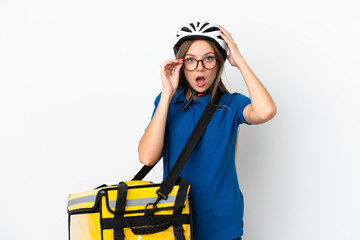 Lithuanian woman with thermal backpack with glasses and surprised