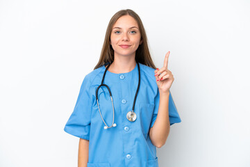 Young surgeon doctor Lithuanian woman isolated on white background pointing with the index finger a great idea