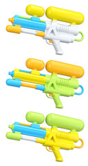 Set of plastic water gun toy for playing in swimming pool on white background
