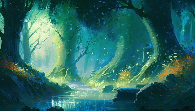 mystic blue and green forest with a fantasy atmosphere, illustration painting, Generative AI